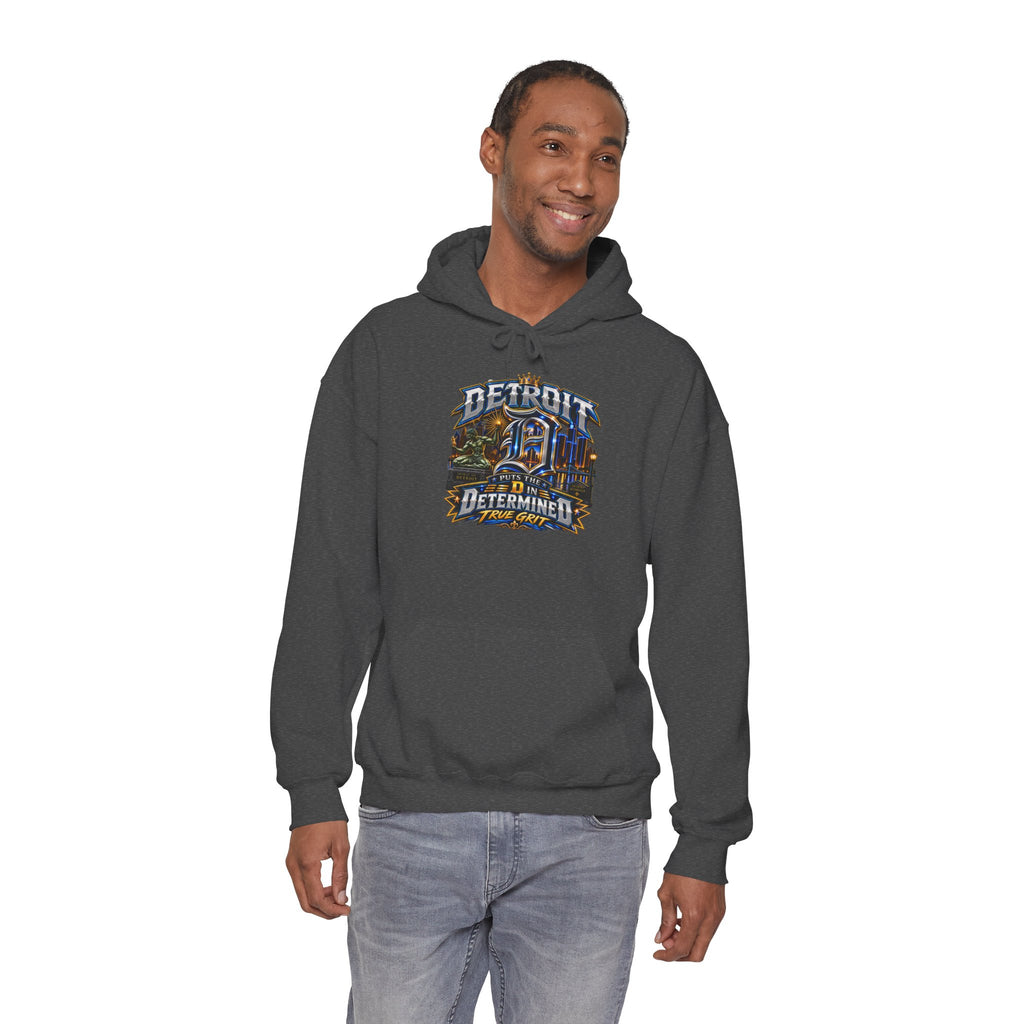 Detroit skyline determined slogan Hoodie | Motor City vintage style