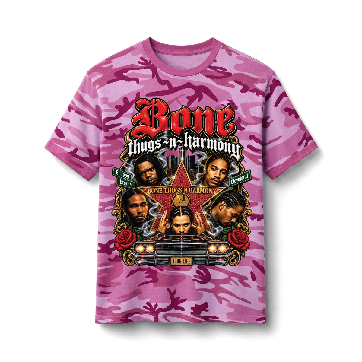 Bone Thugs-n-Harmony Skull Car Graphic Tee | Camo Cotton T-Shirt