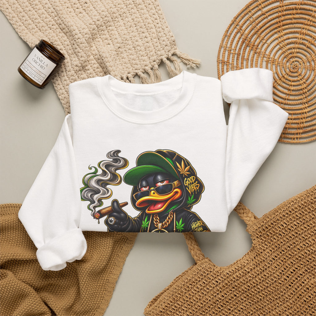 Weed Duck Smoking Cartoon Sweatshirt | Cannabis Leaf Streetwear Crewneck