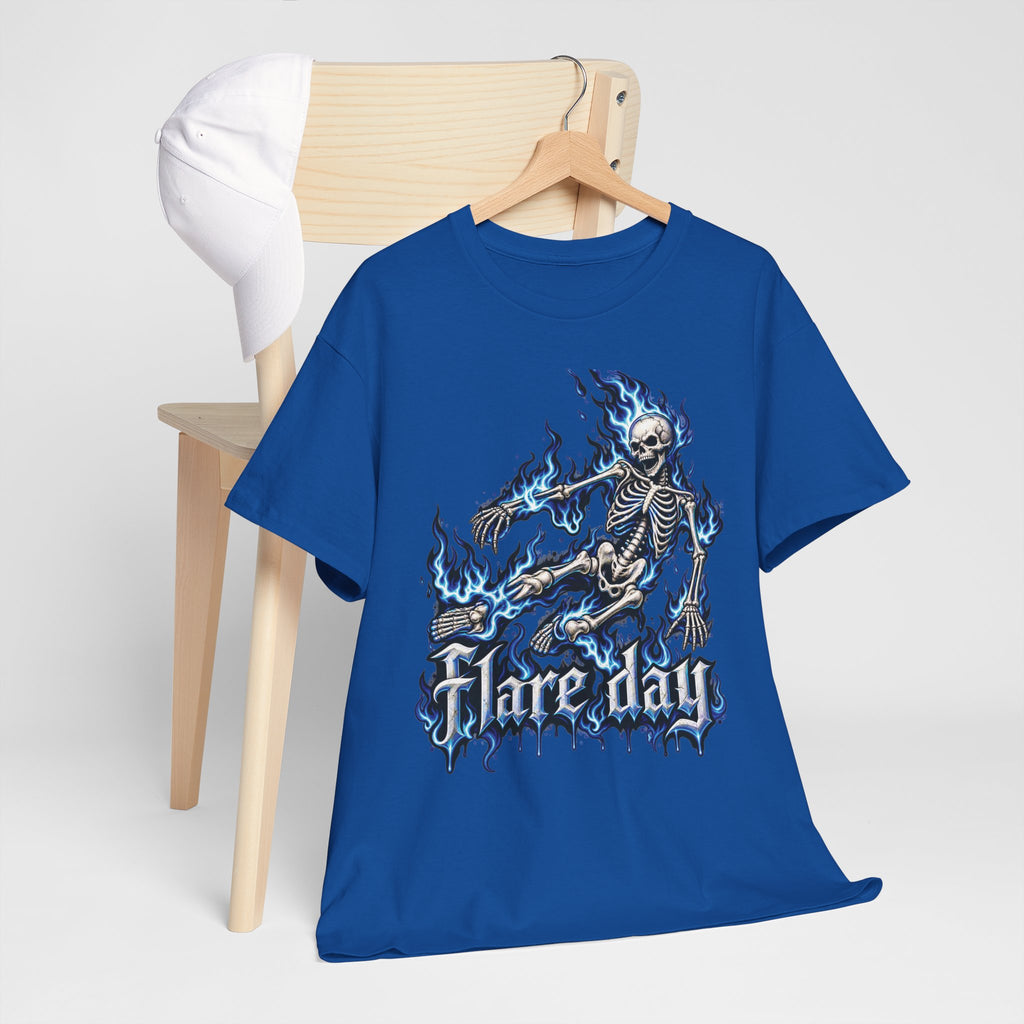 Blue Flaming Skeleton Skateboard T-Shirt | Skull Flame Graphic Tee