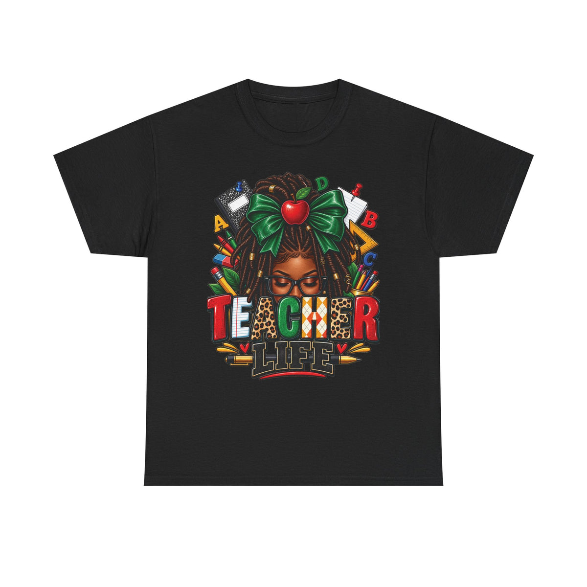 Teacher Life T-Shirt | Black Woman Teacher Illustration, Apple & School Supplies