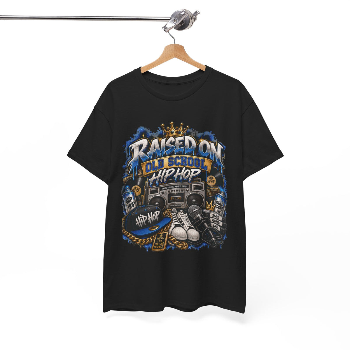 Raised On Old School Hip Hop T-Shirt | Retro Boombox Sneakers Crown Design