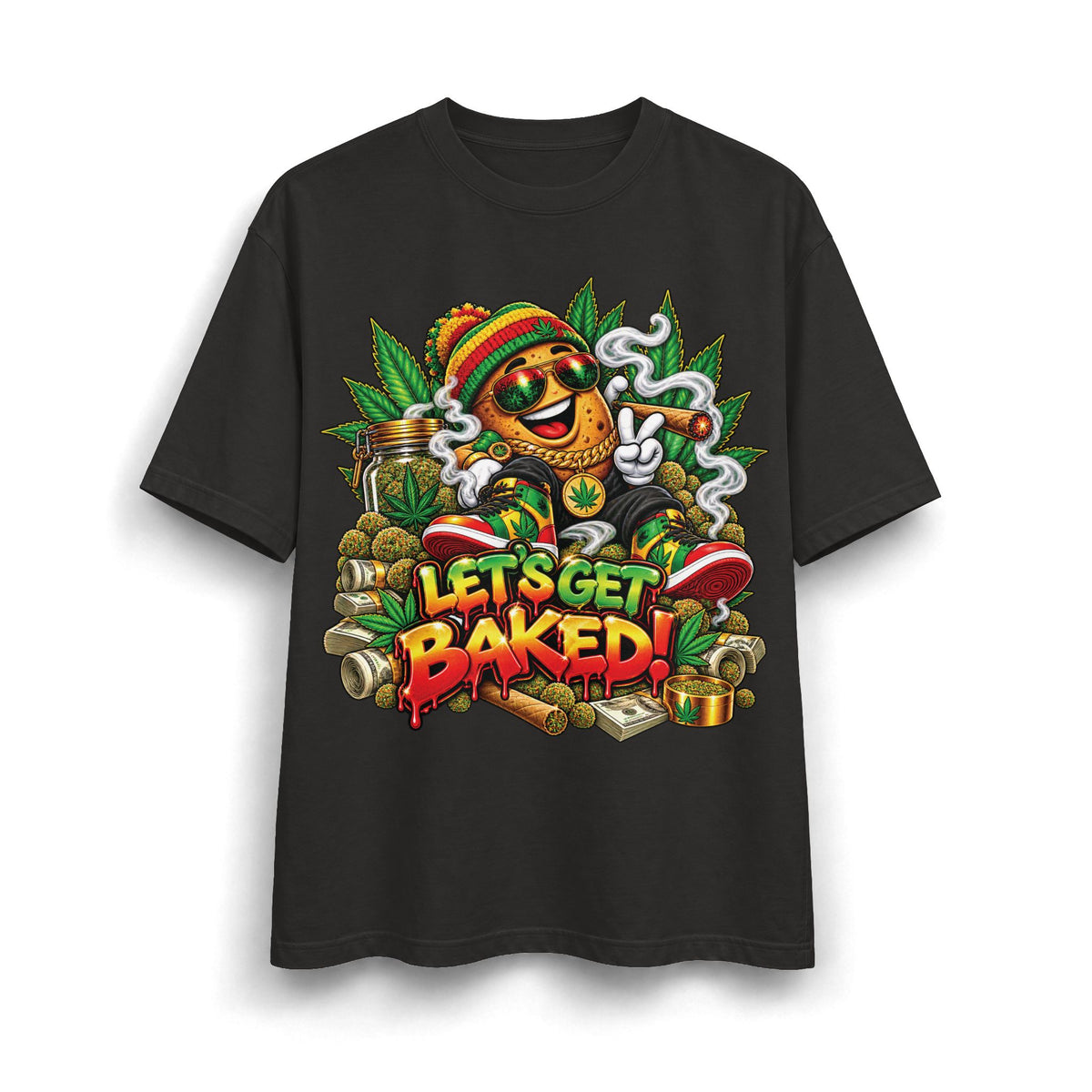 Detroit 420 Let's Get Baked marijuana leaf character T-Shirt | Rasta reggae cannabis design