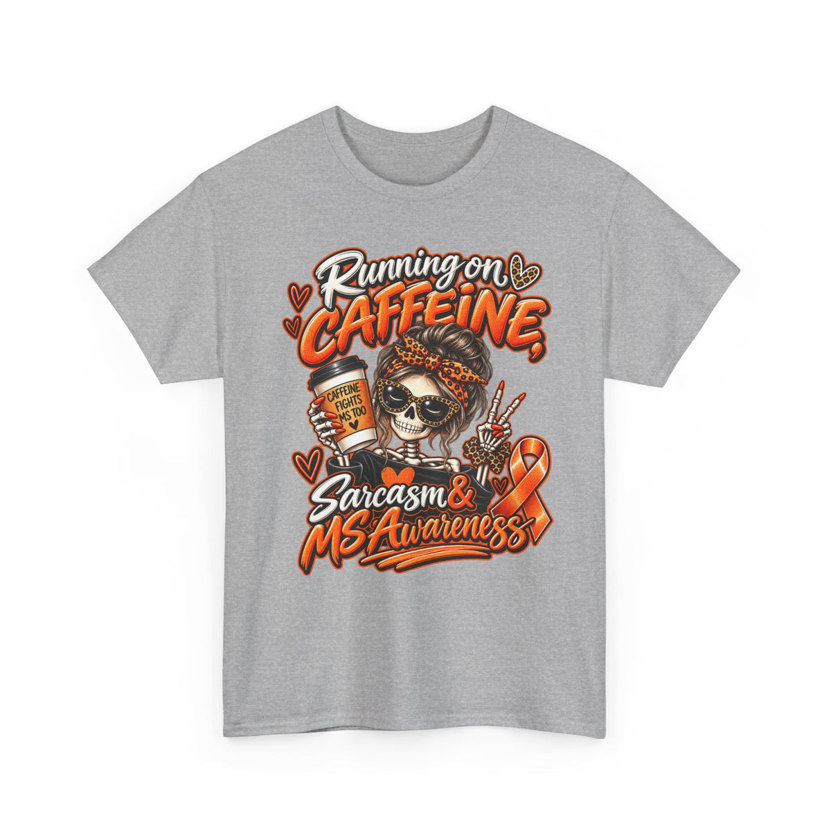 Multiple Sclerosis Awareness, Running on Caffeine Skull Sarcasm & MS Awareness T-Shirt | Orange Ribbon