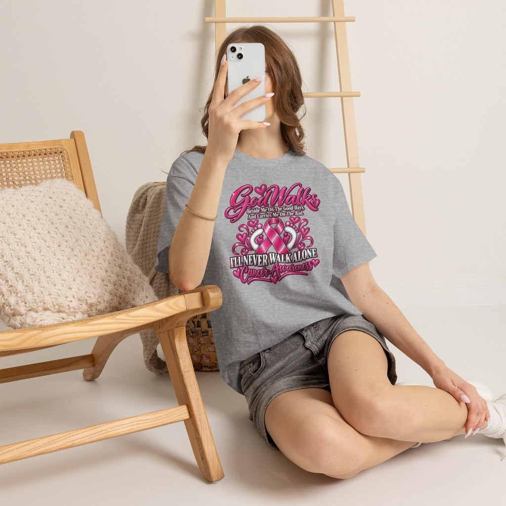 Breast Cancer Awareness Ribbon Tee | I'll Never Walk Alone, God Walks