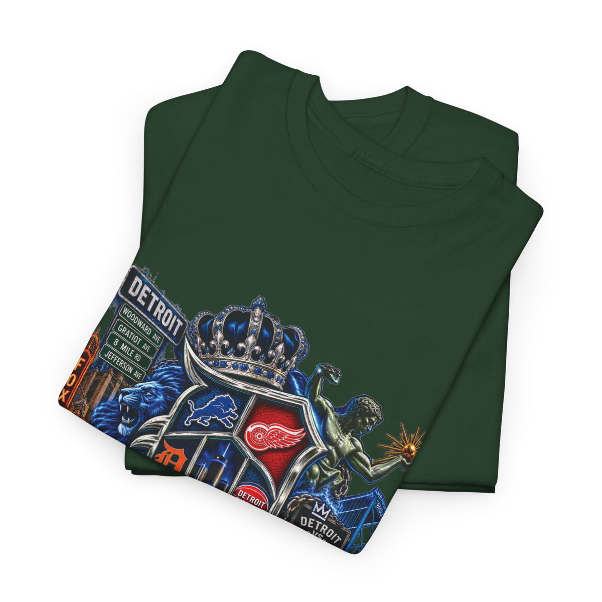 Detroit Skyline Collage T-Shirt | Motor City Landmarks, Vintage Neon Design