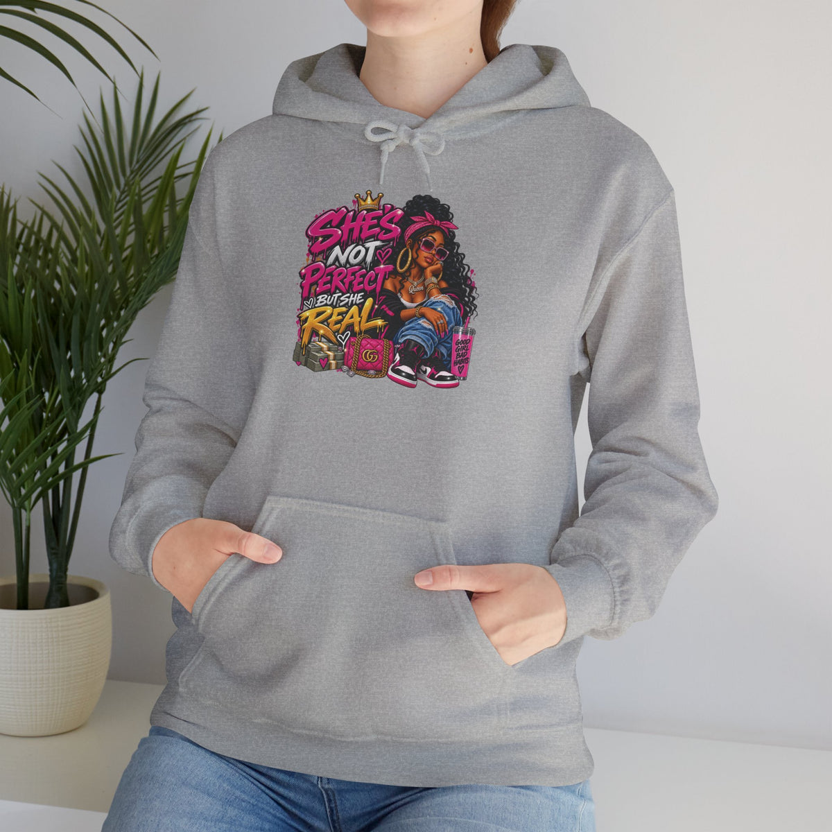 Shes Not Perfect Real AF hoodie | Retro Neon Girl Graphic Hoodie