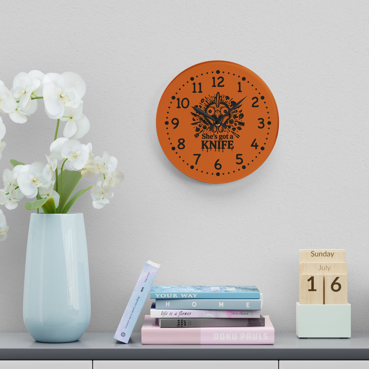 She got a knife acrylic wall clock | Halloween horror decor, orange skull design