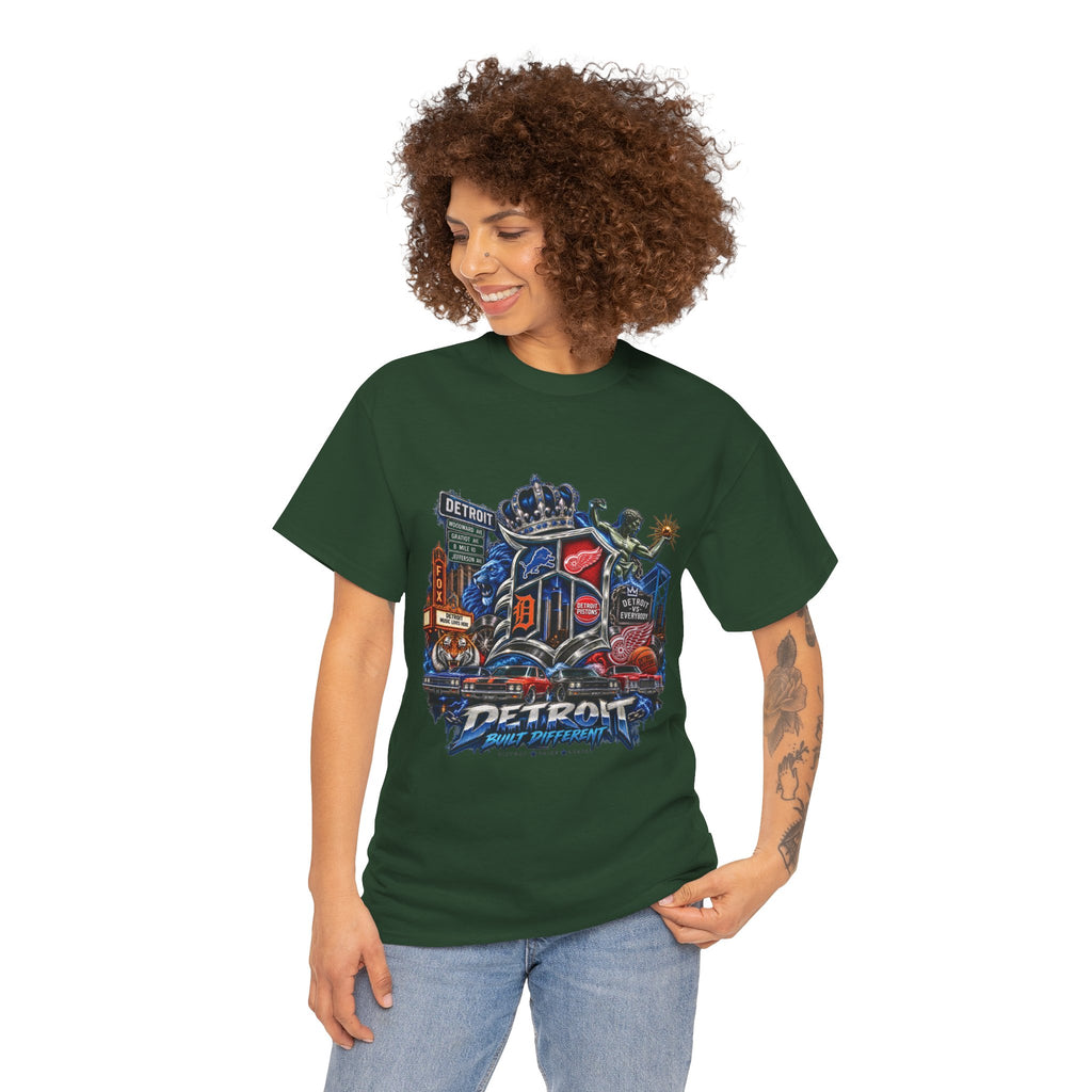 Detroit Skyline Collage T-Shirt | Motor City Landmarks, Vintage Neon Design
