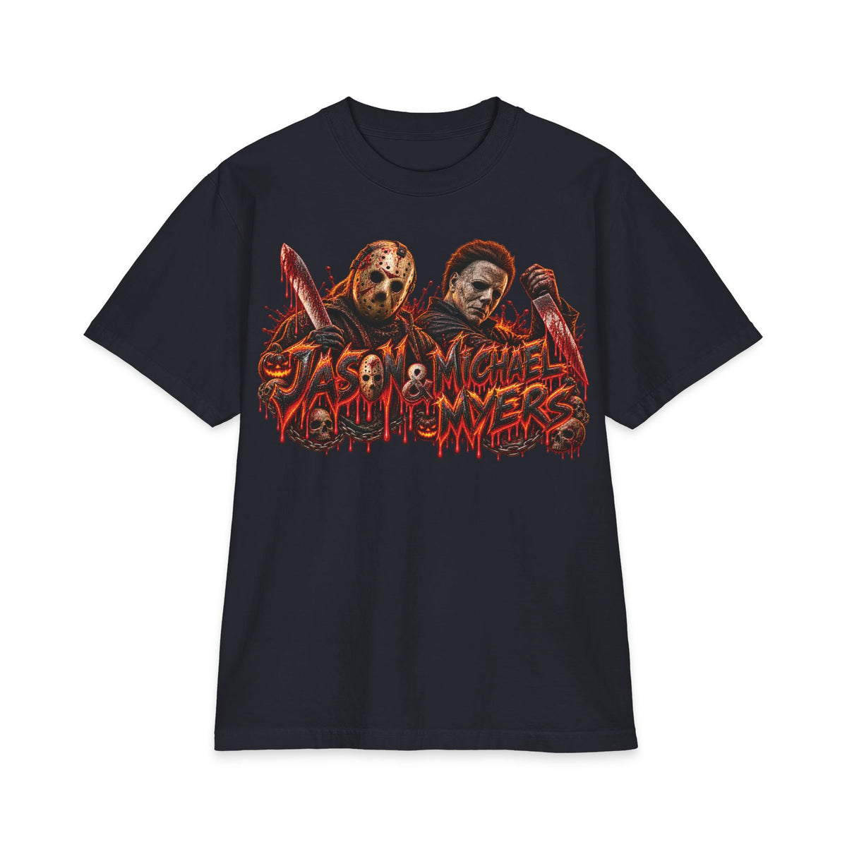 Jason and Micheal Myers Horror Slashers Graphic T-Shirt | Dual Masked Killers, Blood Drip Design