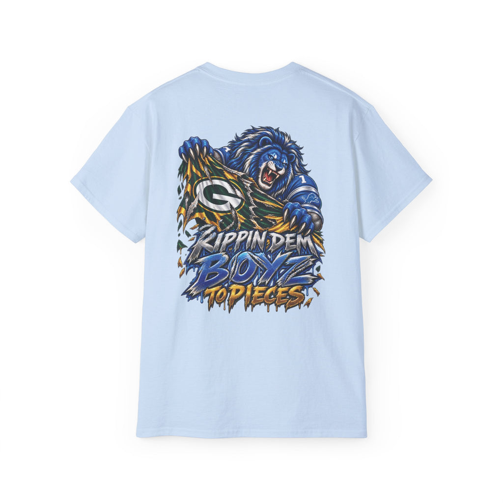 Detroit and Green Bay Rivalry Graphic Tee | Lion Ripping Green Bay Logo Back