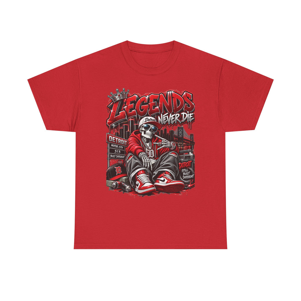 Legends Never Die skull streetwear T-shirt | Detroit city skyline, red black graphic tee