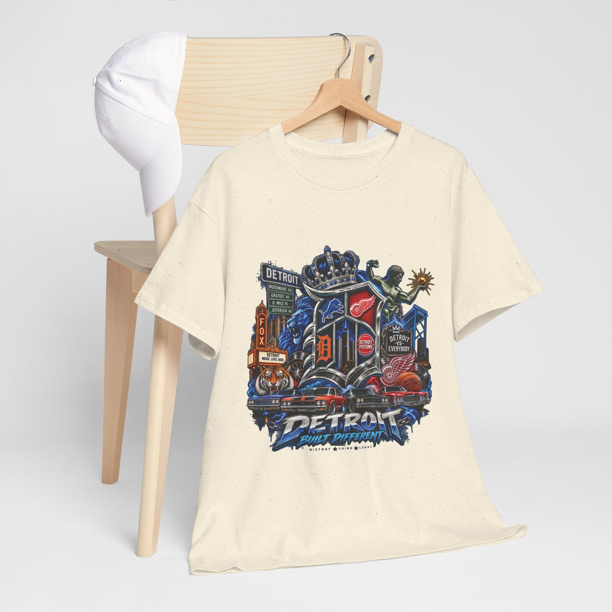 Detroit Skyline Collage T-Shirt | Motor City Landmarks, Vintage Neon Design