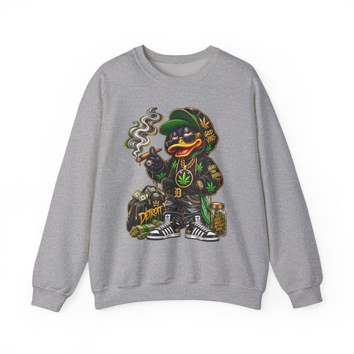 Weed Duck Smoking Cartoon Sweatshirt | Cannabis Leaf Streetwear Crewneck