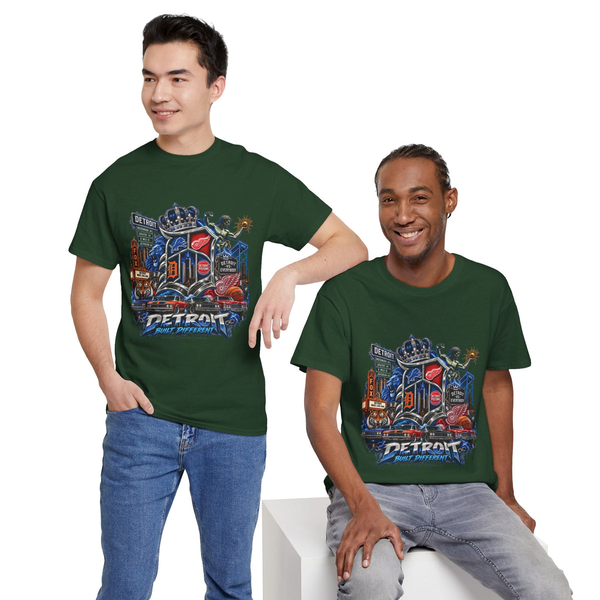 Detroit Skyline Collage T-Shirt | Motor City Landmarks, Vintage Neon Design