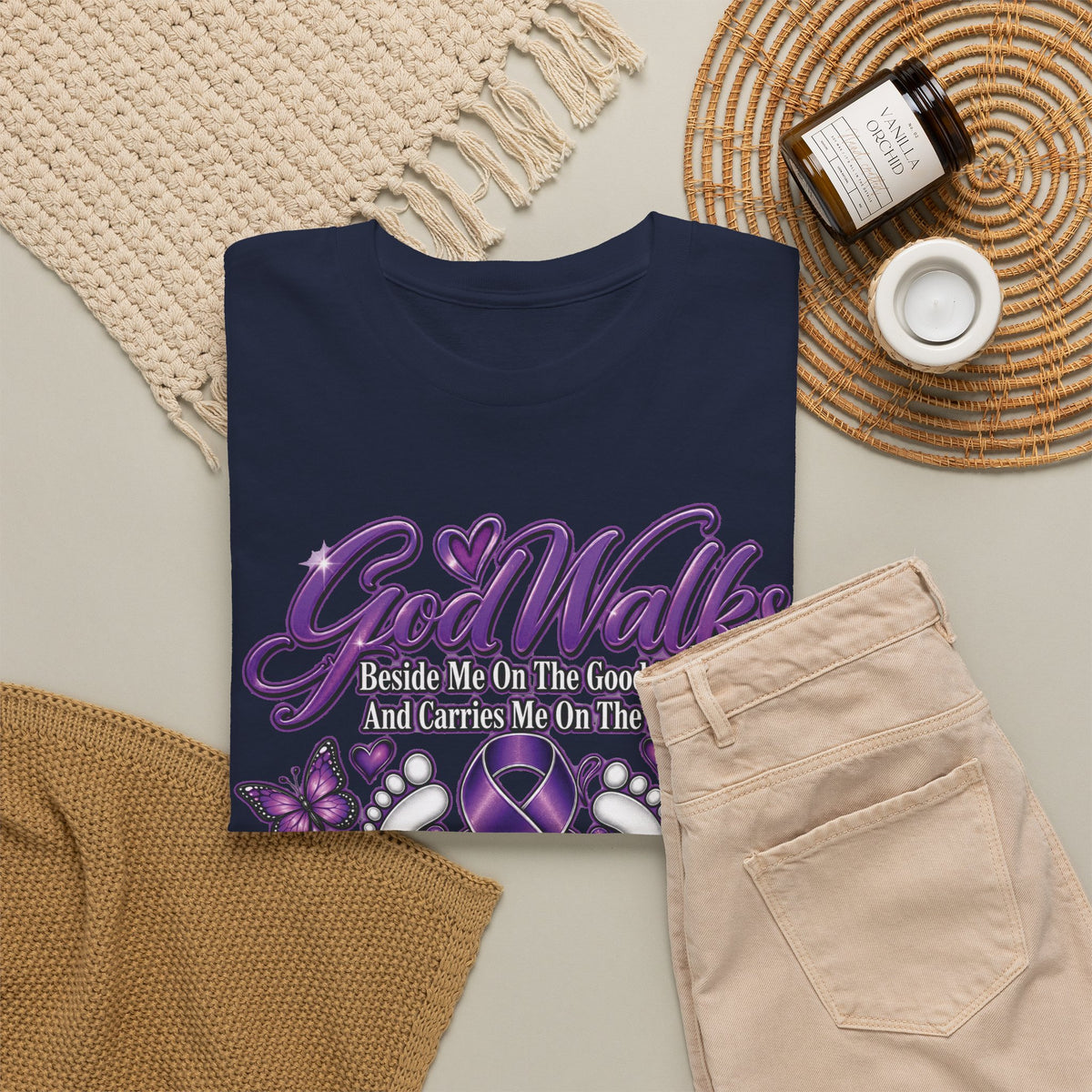 God Walks purple ribbon awareness T-Shirt | I'll Never Walk Alone design