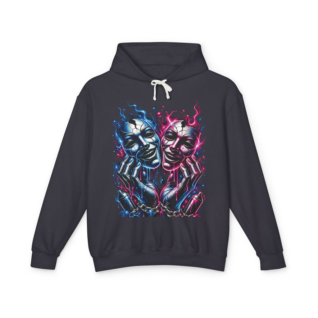 Dual Flame Masks Hoodie | Blue Pink Surreal Faces Graphic