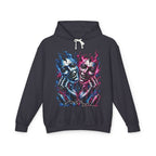 Dual Flame Masks Hoodie | Blue Pink Surreal Faces Graphic