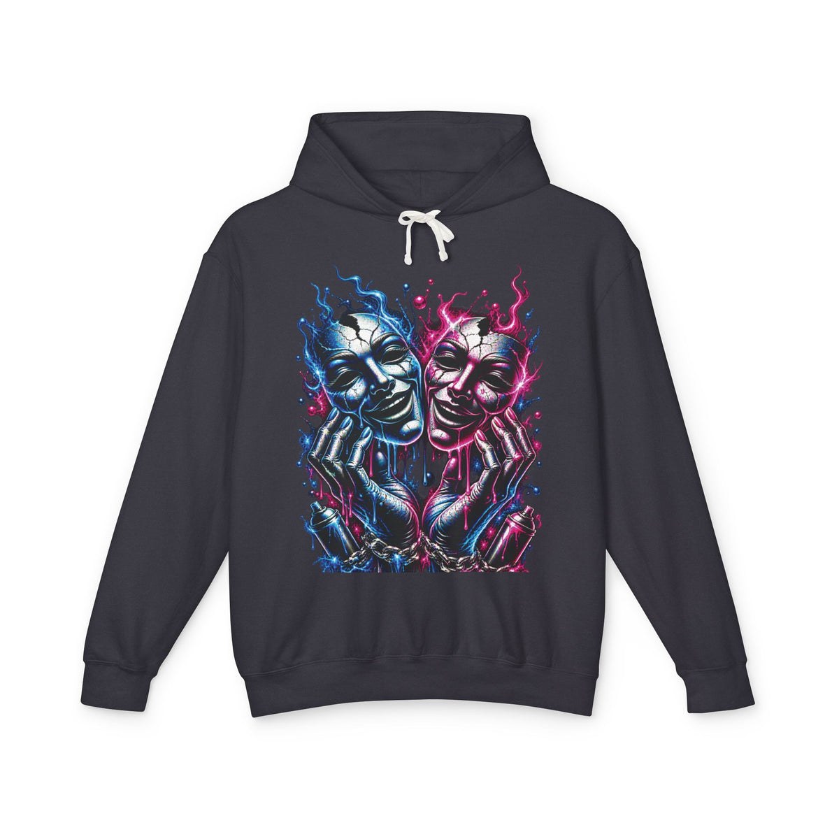 Dual Flame Masks Hoodie | Blue Pink Surreal Faces Graphic