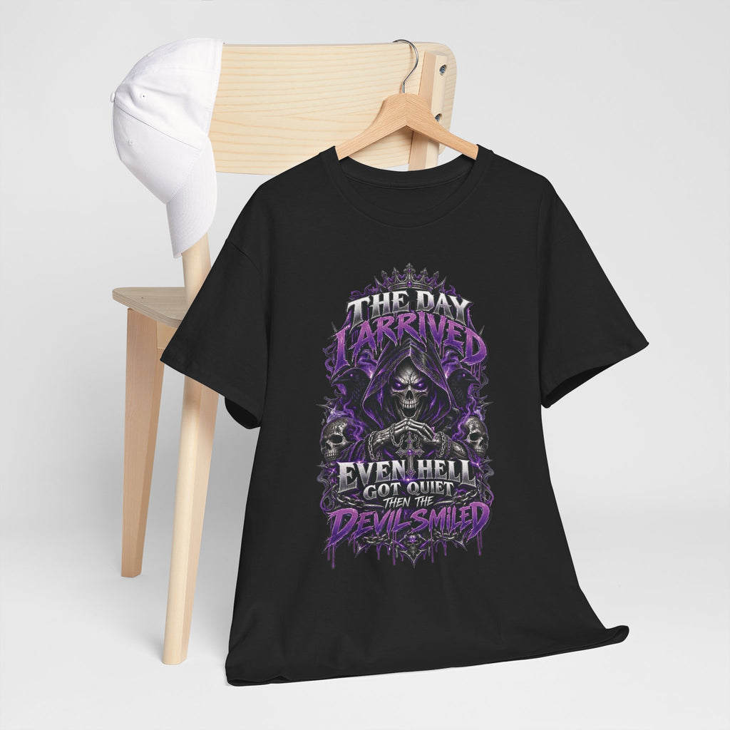 Grim Reaper Skull with Purple Flames T-Shirt | Gothic Death Quote Tee