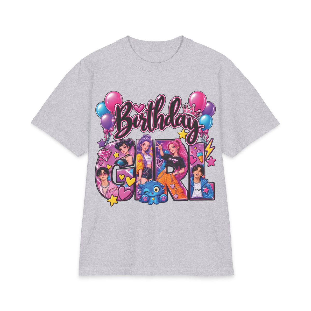 Kpop Hunter Demon Birthday Girl T-Shirt | Colorful Cartoon Letters, Balloons & Characters