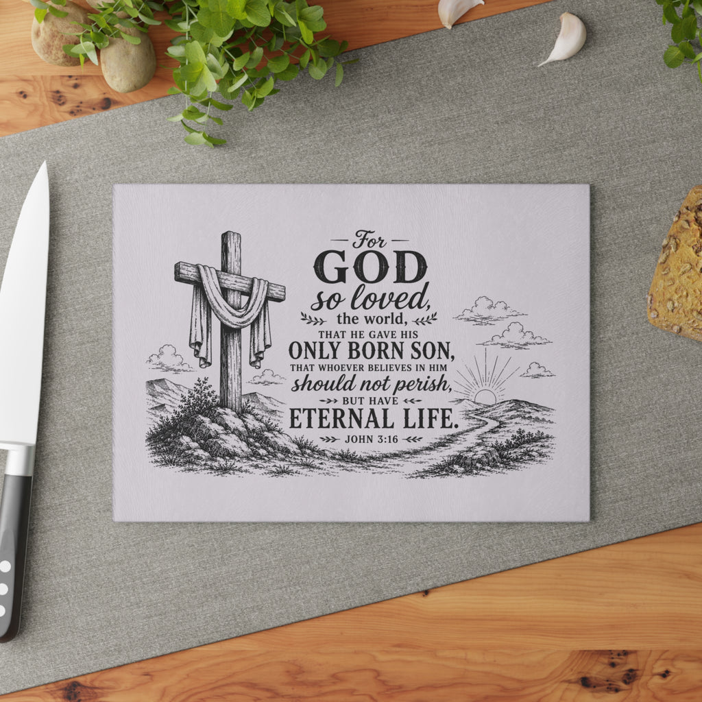 John 3:16 Scripture Cross Illustration Glass Cutting Board | Christian Kitchen Decor