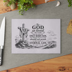 John 3:16 Scripture Cross Illustration Glass Cutting Board | Christian Kitchen Decor