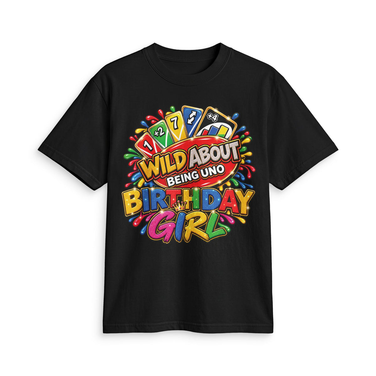 Wild About Being UNO Birthday Girl T-Shirt | Colorful Card Game Design