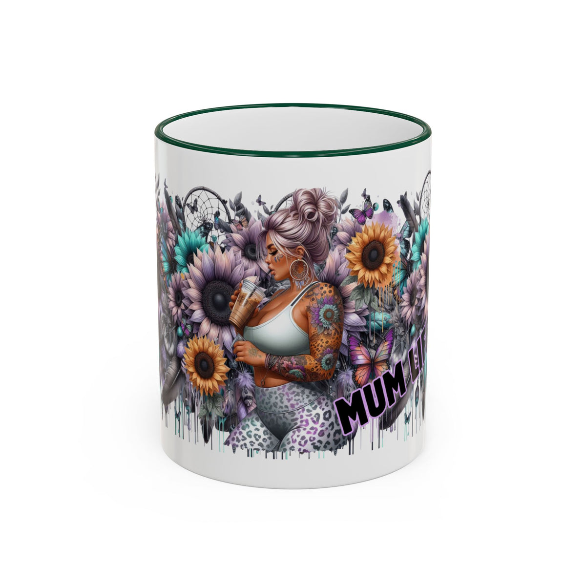 Tattooed Floral Skull Mum Mug | Accent Rim & Handle Ceramic Mug