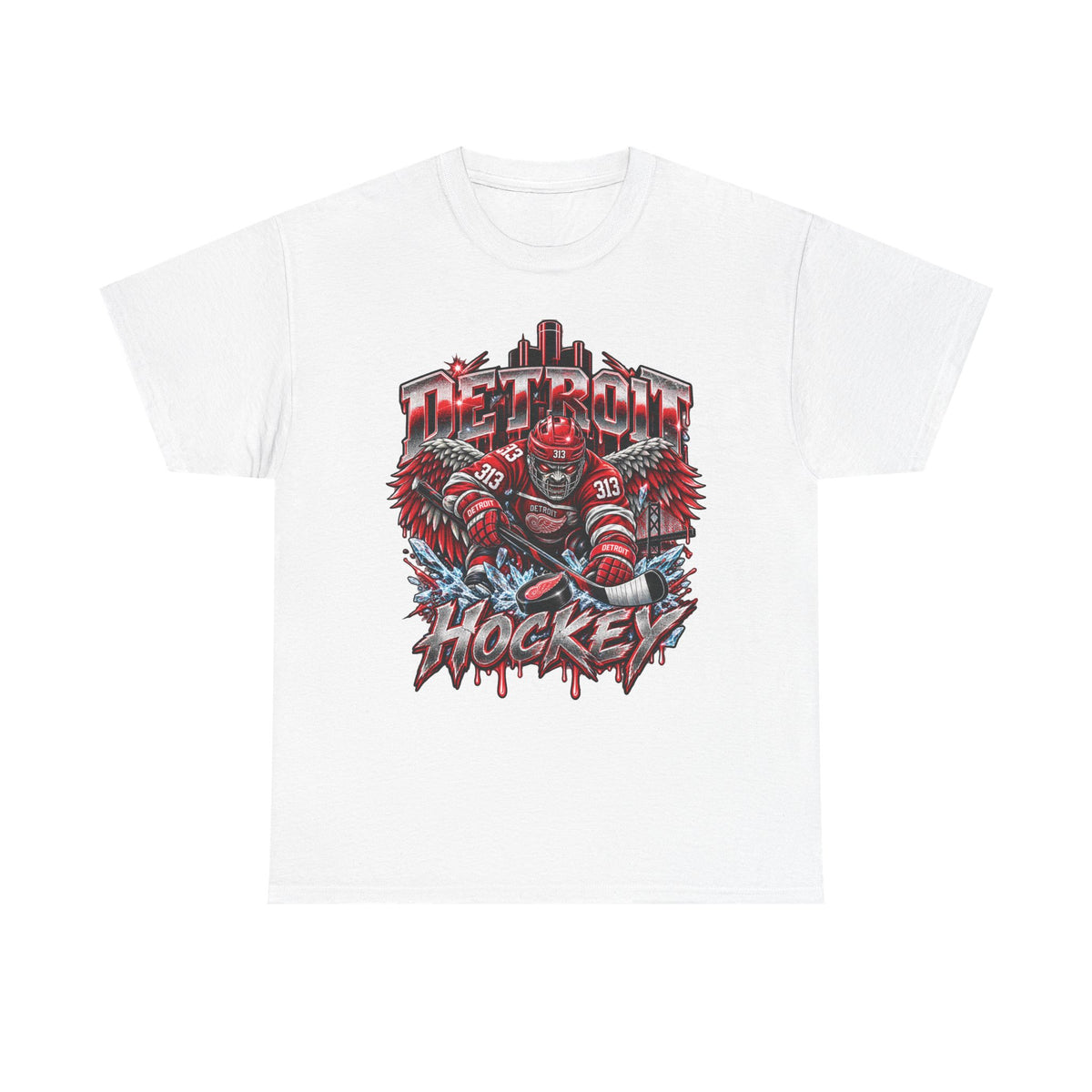 Detroit Hockey Player Graphic Tee | Metro Skyline, Winged Mascot