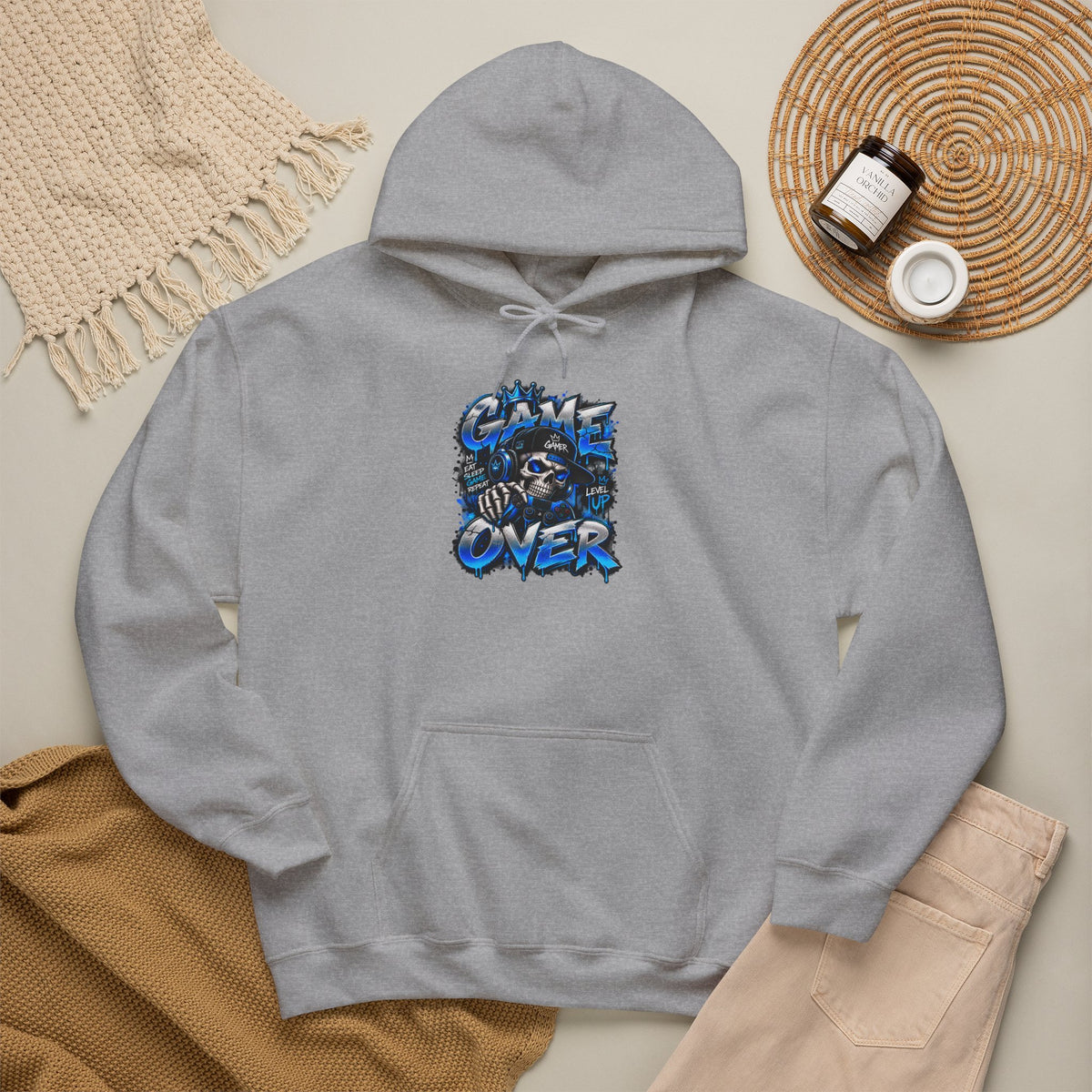 Game Over Skull hoodie | Gaming Graphic Sweatshirt, Blue Grunge Design
