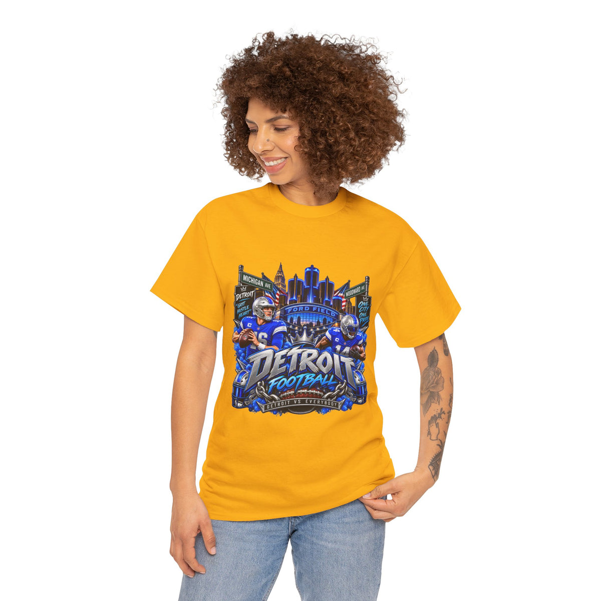 Detroit Football Graphic Tee | City Skyline, Players, Lions-Inspired Design