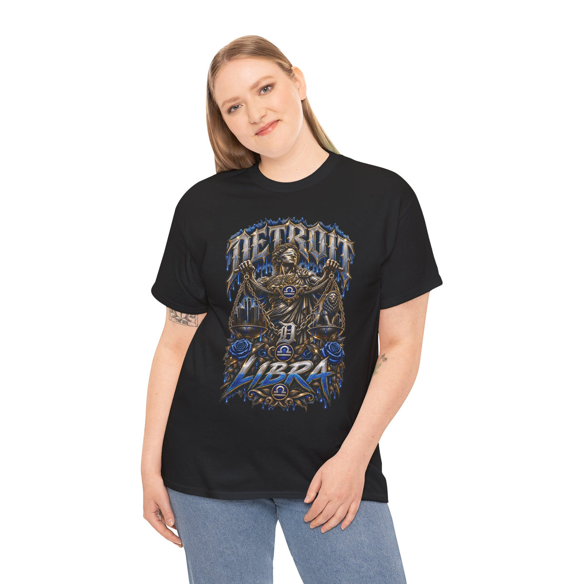 Detroit Libra T-Shirt | Skull Scales, Blue Roses, Zodiac Design