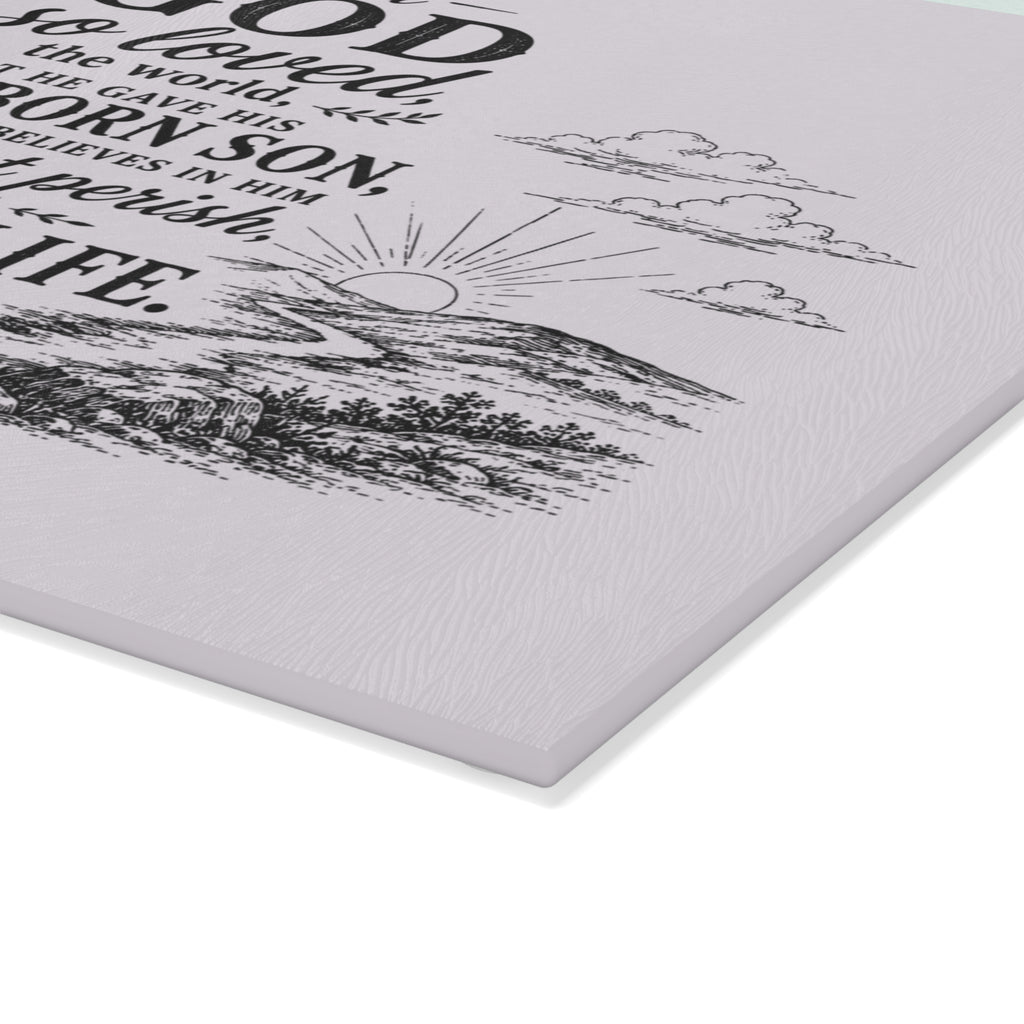 John 3:16 Scripture Cross Illustration Glass Cutting Board | Christian Kitchen Decor