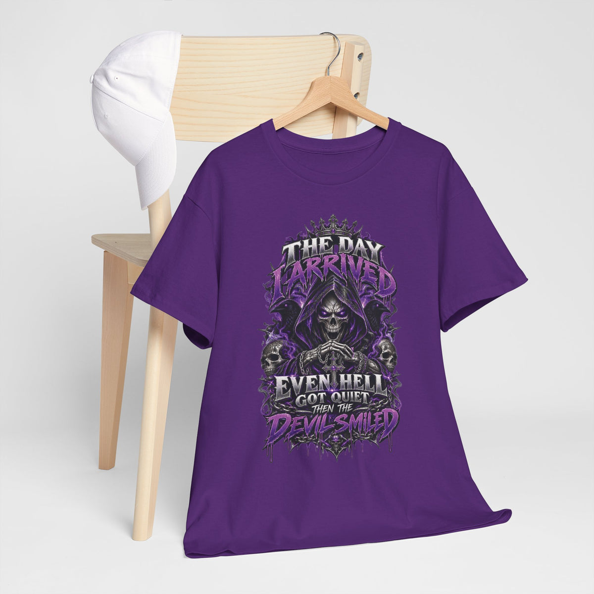 Grim Reaper Skull with Purple Flames T-Shirt | Gothic Death Quote Tee