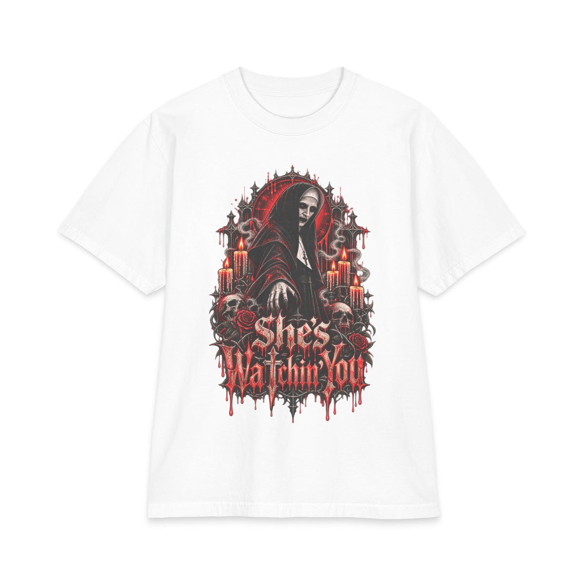 Horror Nun Illustration T-Shirt | Shes Watchin You Gothic Horror Tee