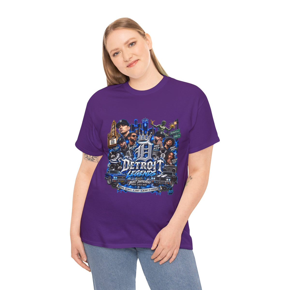 Detroit Legends collage T-Shirt | Motor City skyline, classic cars, musicians