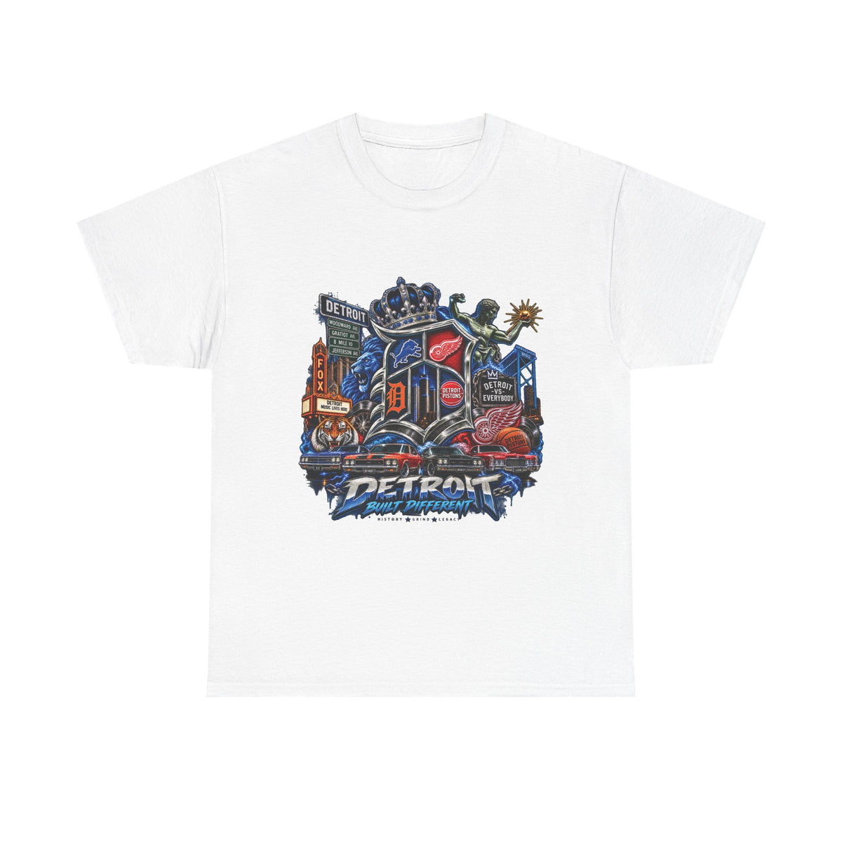 Detroit Skyline Collage T-Shirt | Motor City Landmarks, Vintage Neon Design