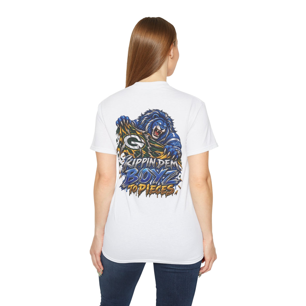 Detroit and Green Bay Rivalry Graphic Tee | Lion Ripping Green Bay Logo Back