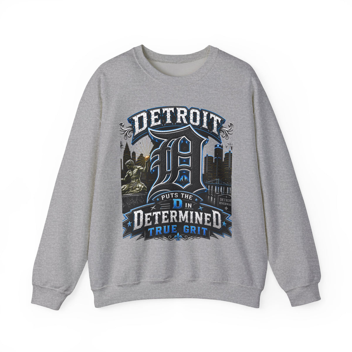 Detroit Determined True Grit crewneck sweatshirt | City skyline D emblem