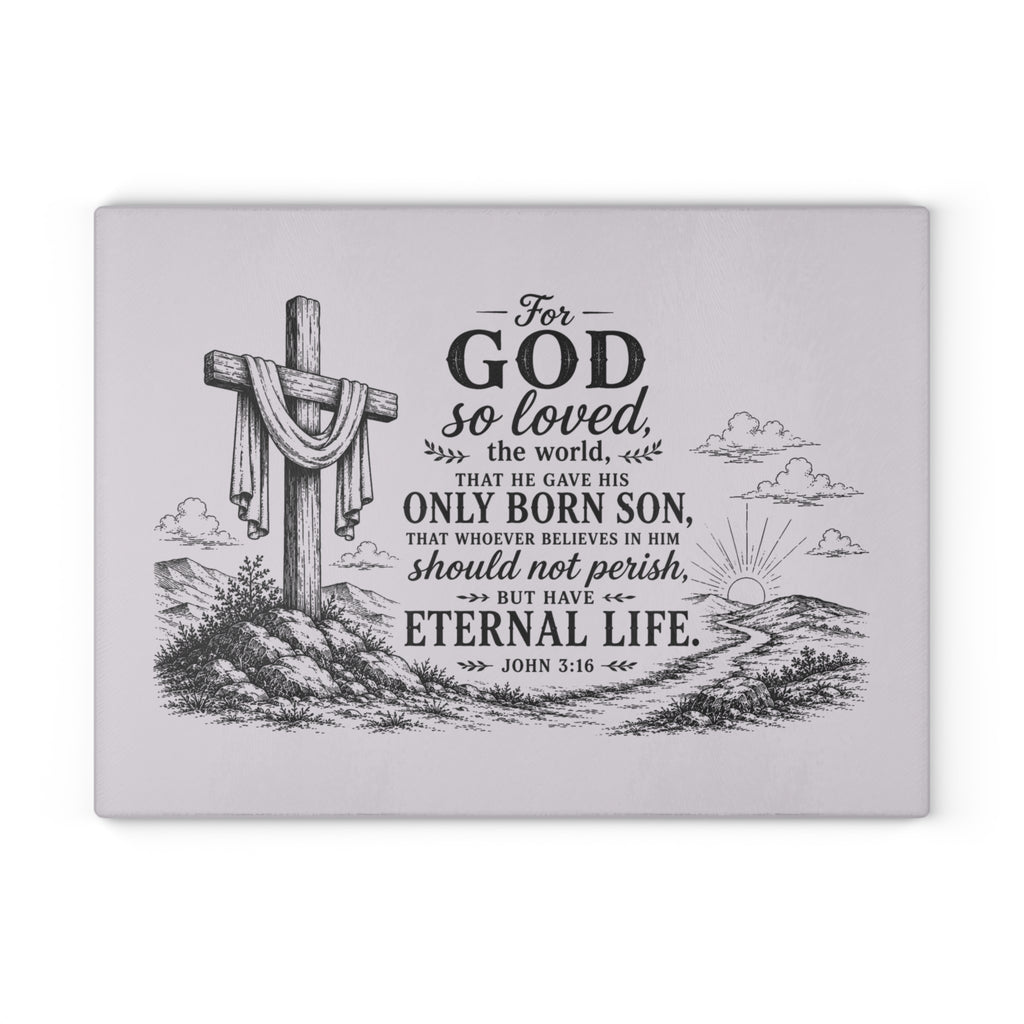 John 3:16 Scripture Cross Illustration Glass Cutting Board | Christian Kitchen Decor