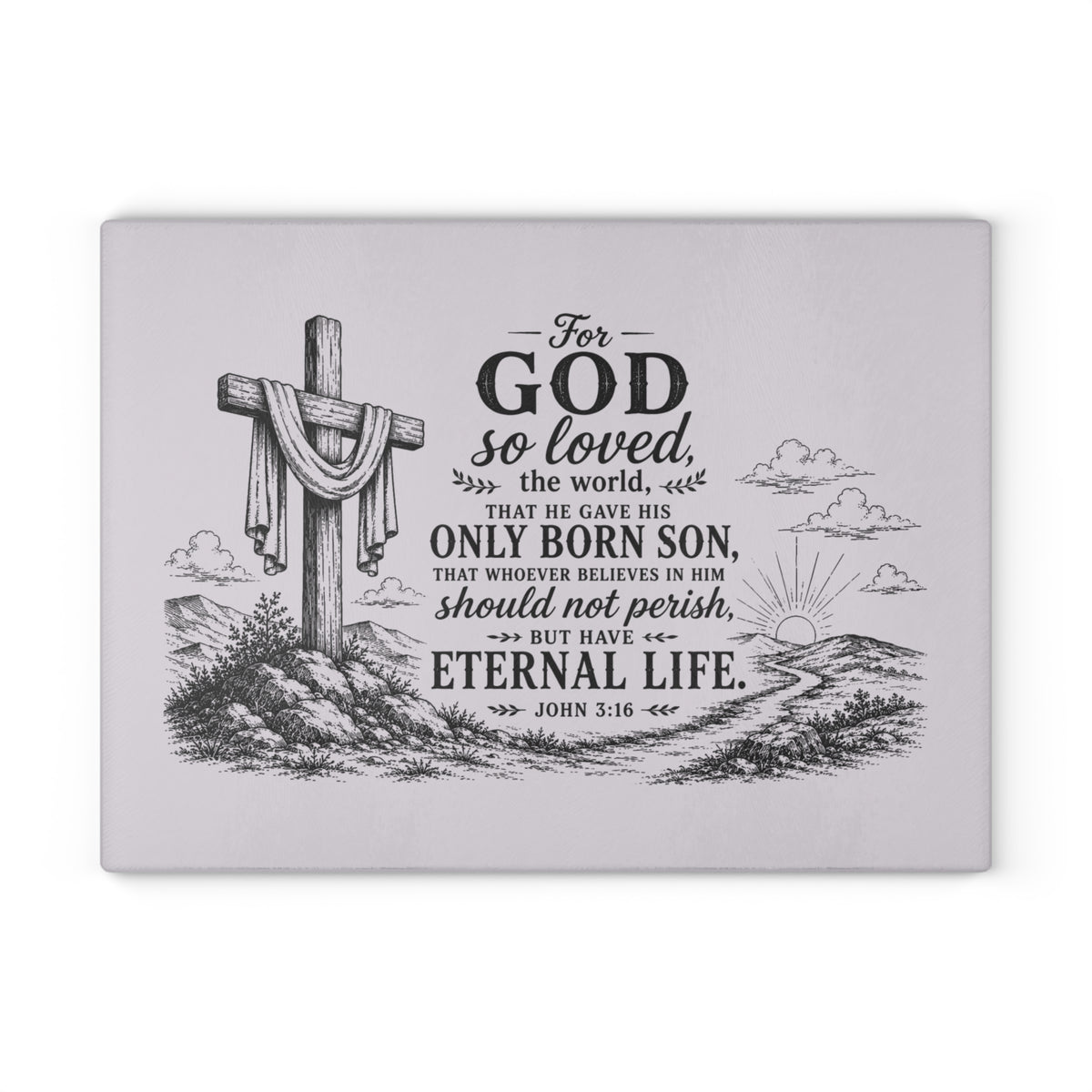 John 3:16 Scripture Cross Illustration Glass Cutting Board | Christian Kitchen Decor