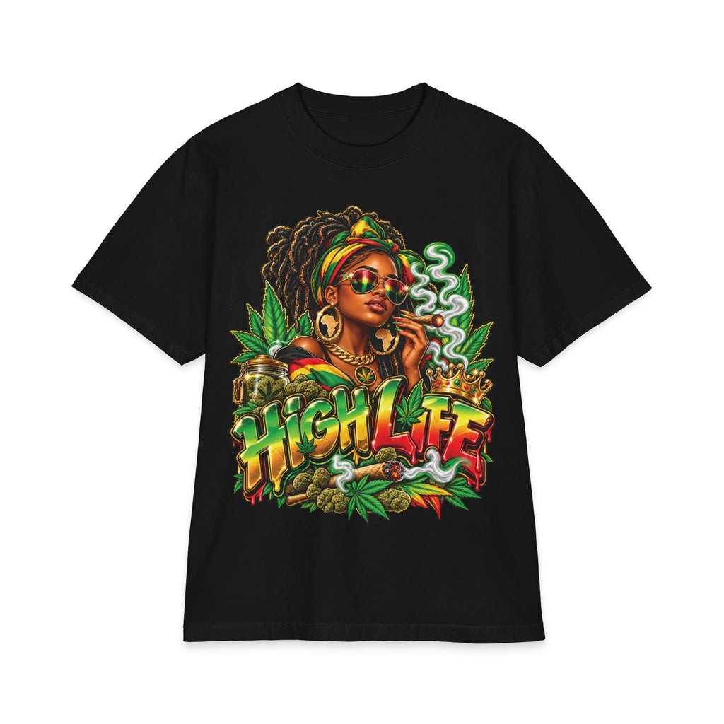 Detrpit 420 High Life Rasta Black Woman T-Shirt | Cannabis Reggae Vibes, Smoking Art