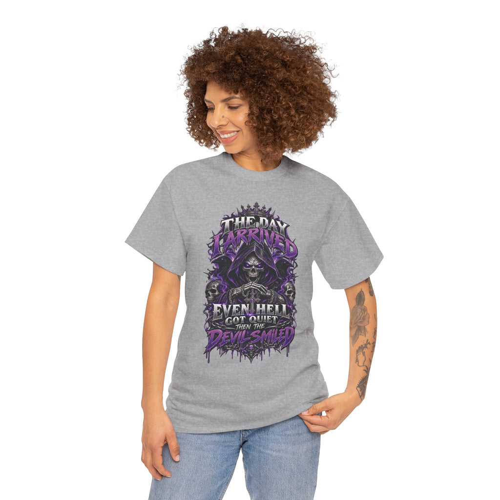 Grim Reaper Skull with Purple Flames T-Shirt | Gothic Death Quote Tee