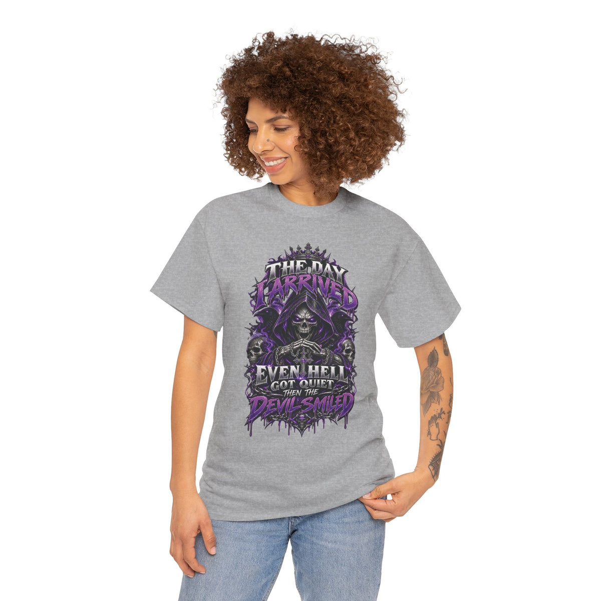Grim Reaper Skull with Purple Flames T-Shirt | Gothic Death Quote Tee