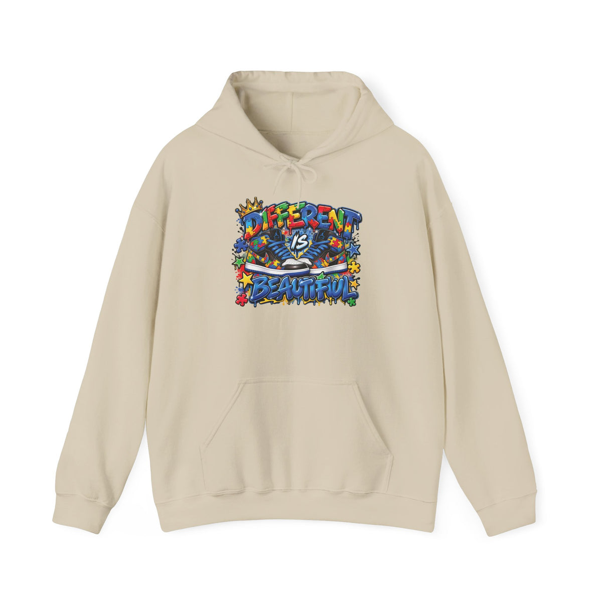 Different Is Beautiful hoodie | colorful graffiti text, stars & flowers
