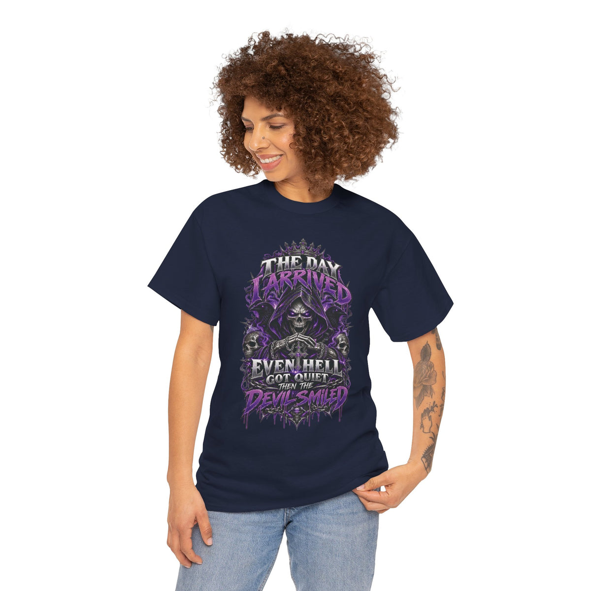 Grim Reaper Skull with Purple Flames T-Shirt | Gothic Death Quote Tee