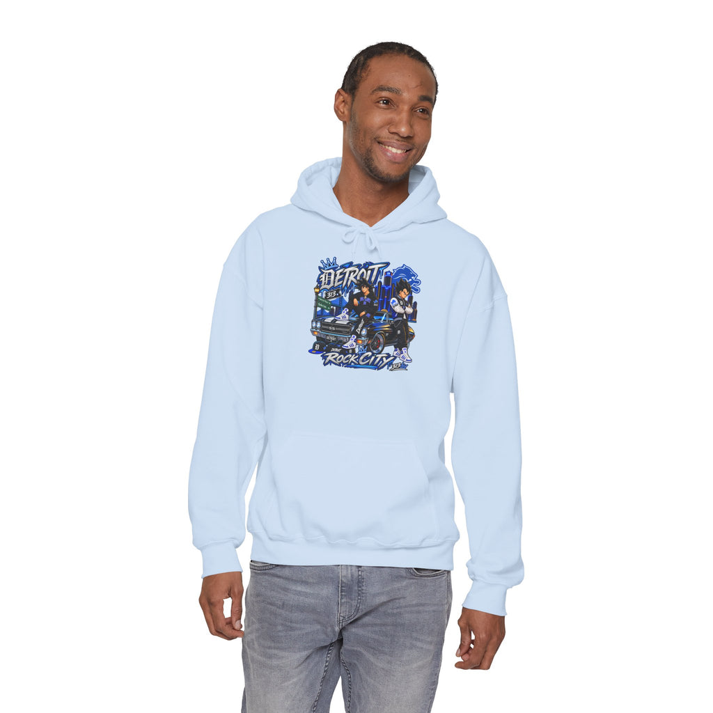Detroit Rock City hoodie | vintage city skyline, electric blue motorcycle design