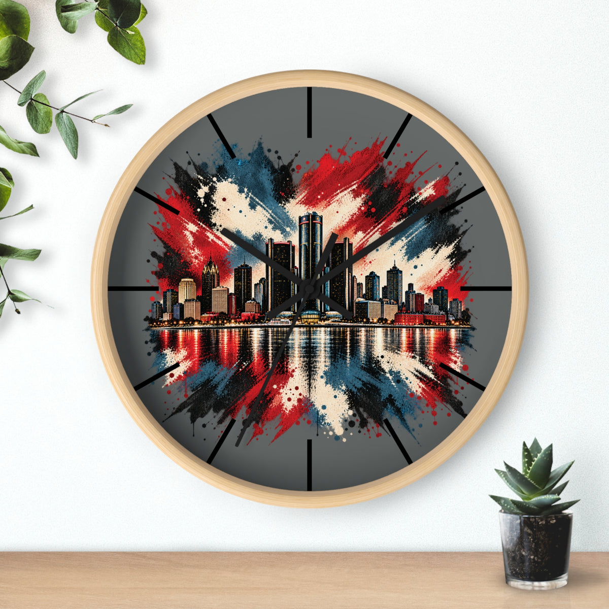 Urban Skyline Detroir Wall Clock – Red, White & Blue Cityscape Decor