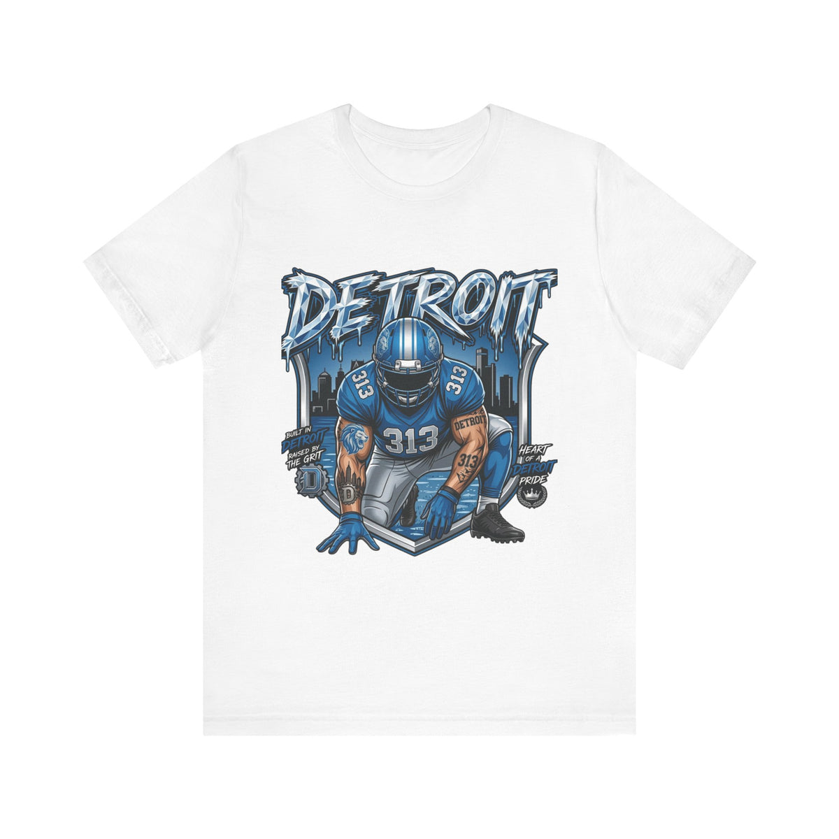 Detroit 313 Football Player Tee | City Skyline | Blue Helmet